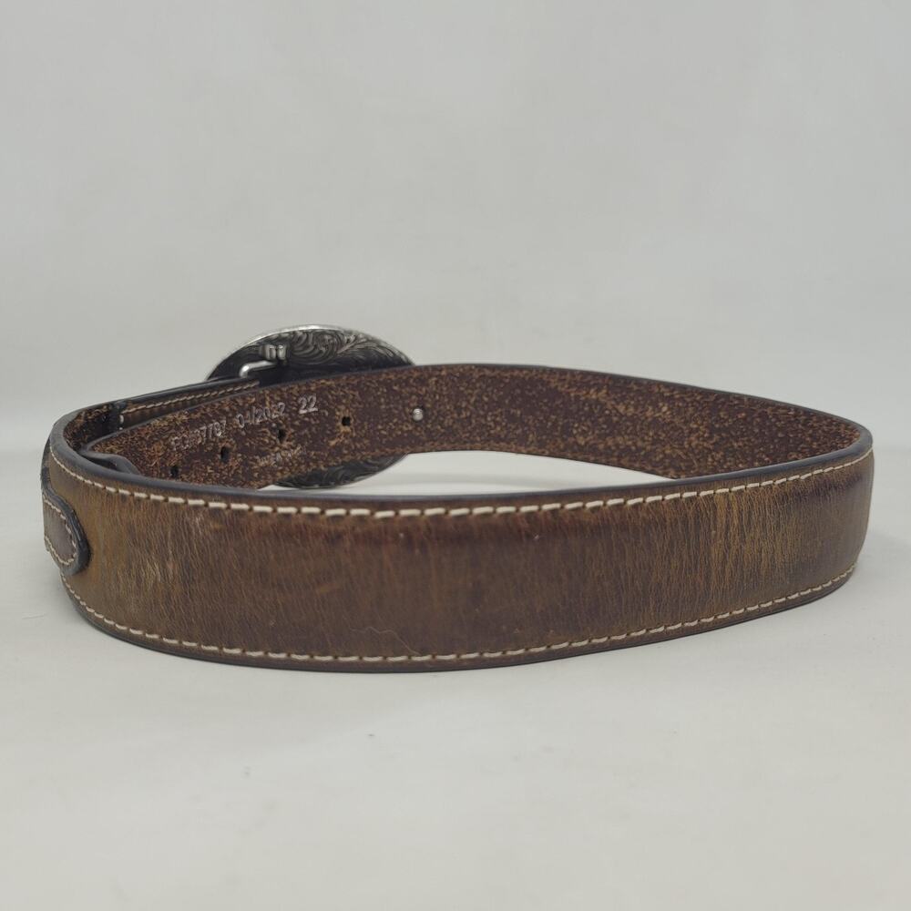 Cavender's Belt Boy 22 Brown Leather Oval Rodeo Buckle Western Cowboy Floral - Picture 2 of 7